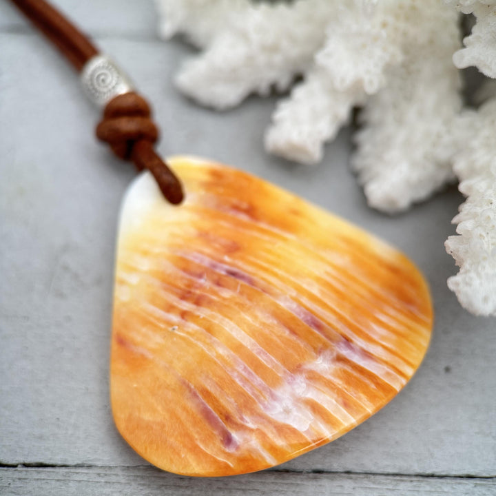 Beautiful Orange-Cream Spiny Oyster Shell, Thai Hill Tribe Silver and Leather Necklace - SunlightSilver