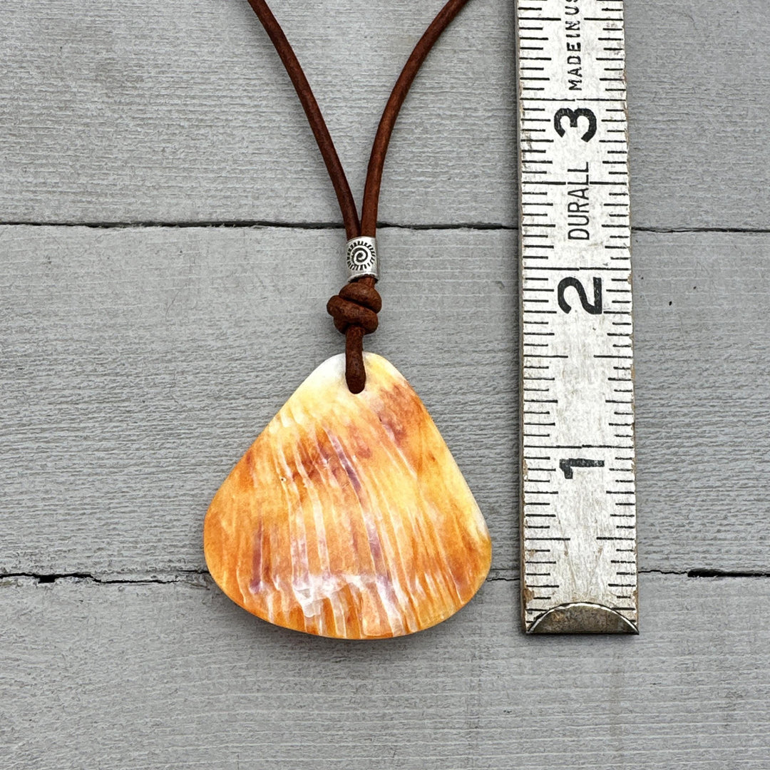 Beautiful Orange-Cream Spiny Oyster Shell, Thai Hill Tribe Silver and Leather Necklace - SunlightSilver