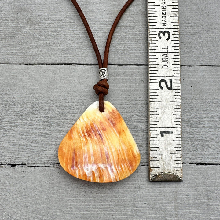 Beautiful Orange-Cream Spiny Oyster Shell, Thai Hill Tribe Silver and Leather Necklace - SunlightSilver