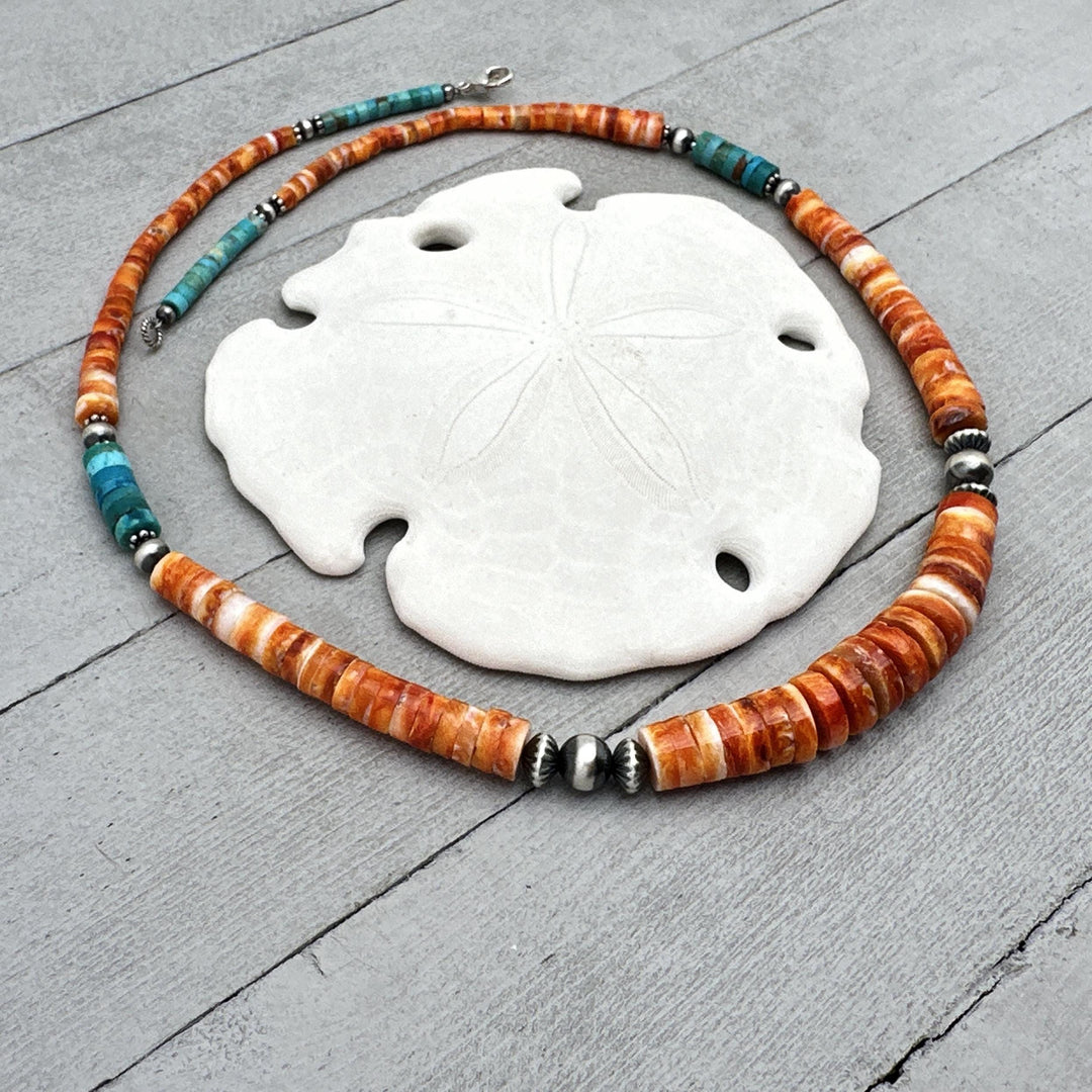 Orange Spiny Oyster, Kingman Turquoise, and Navajo Pearl Necklace. Solid 925 Sterling Silver - SunlightSilver