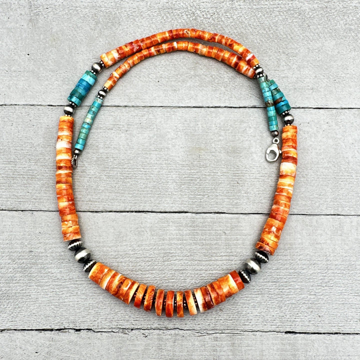 Orange Spiny Oyster, Kingman Turquoise, and Navajo Pearl Necklace. Solid 925 Sterling Silver - SunlightSilver