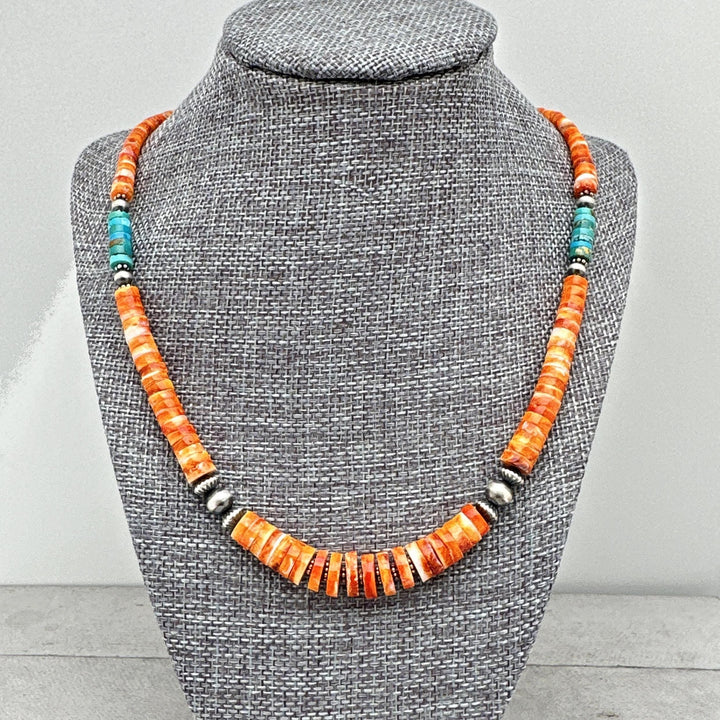 Orange Spiny Oyster, Kingman Turquoise, and Navajo Pearl Necklace. Solid 925 Sterling Silver - SunlightSilver