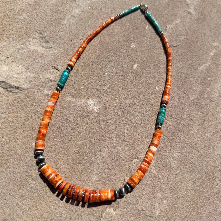 Orange Spiny Oyster, Kingman Turquoise, and Navajo Pearl Necklace. Solid 925 Sterling Silver - SunlightSilver