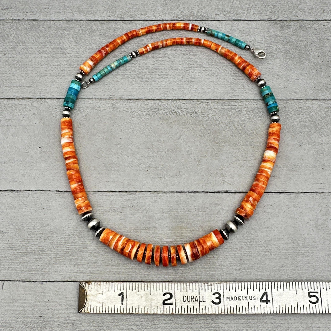 Orange Spiny Oyster, Kingman Turquoise, and Navajo Pearl Necklace. Solid 925 Sterling Silver - SunlightSilver