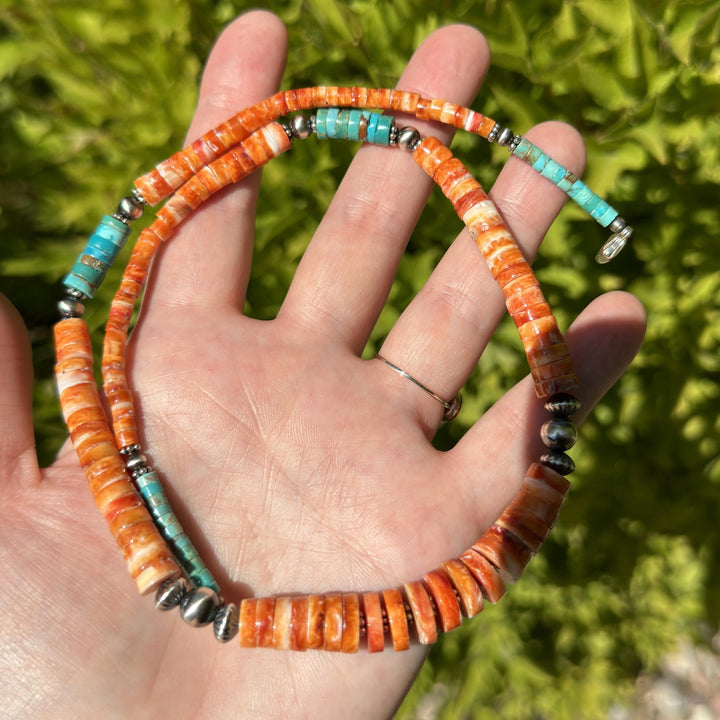 Orange Spiny Oyster, Kingman Turquoise, and Navajo Pearl Necklace. Solid 925 Sterling Silver - SunlightSilver