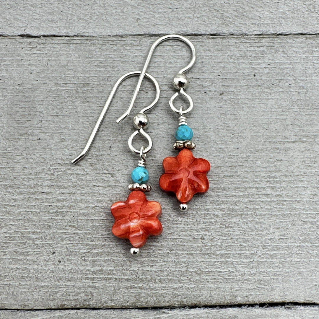 Small Red Spiny Oyster Shell Flower, Turquoise, and Sterling Silver Earrings - SunlightSilver