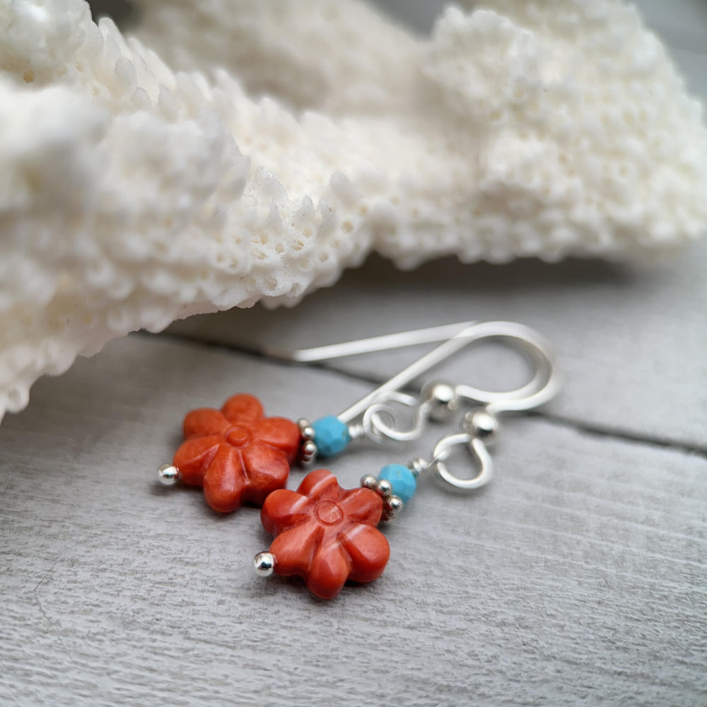 Small Red Spiny Oyster Shell Flower, Turquoise, and Sterling Silver Earrings - SunlightSilver