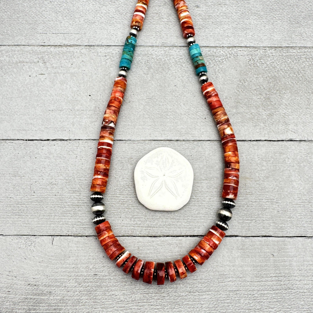 Red Spiny Oyster, Kingman Turquoise, and Navajo Pearl Necklace. Solid 925 Sterling Silver - SunlightSilver