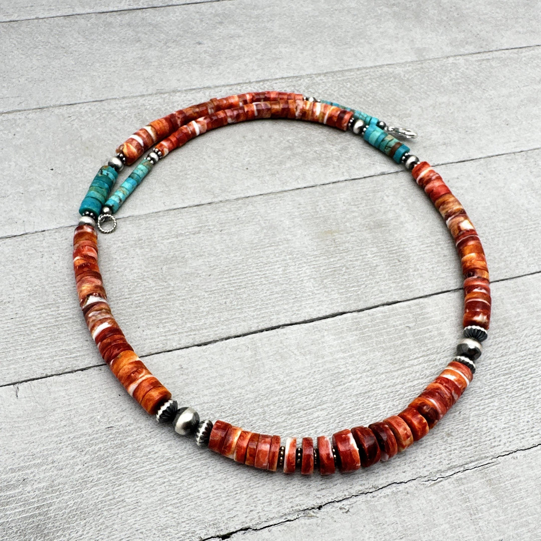 Red Spiny Oyster, Kingman Turquoise, and Navajo Pearl Necklace. Solid 925 Sterling Silver - SunlightSilver