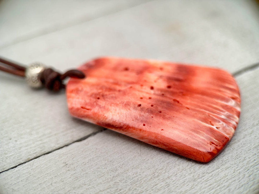 Beautiful Red Spiny Oyster Shell, Thai Hill Tribe Silver and Rustic Brown Leather Necklace - SunlightSilver