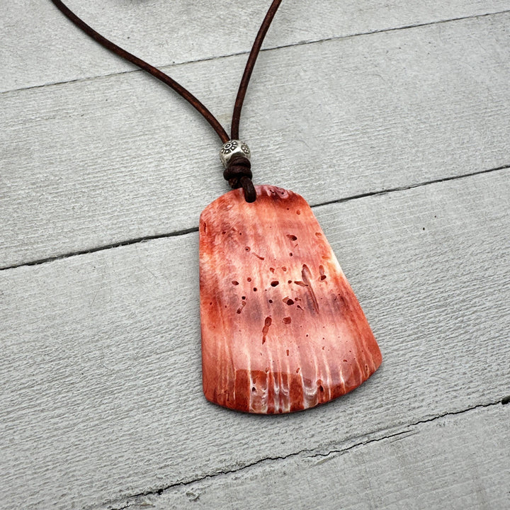 Beautiful Red Spiny Oyster Shell, Thai Hill Tribe Silver and Rustic Brown Leather Necklace - SunlightSilver