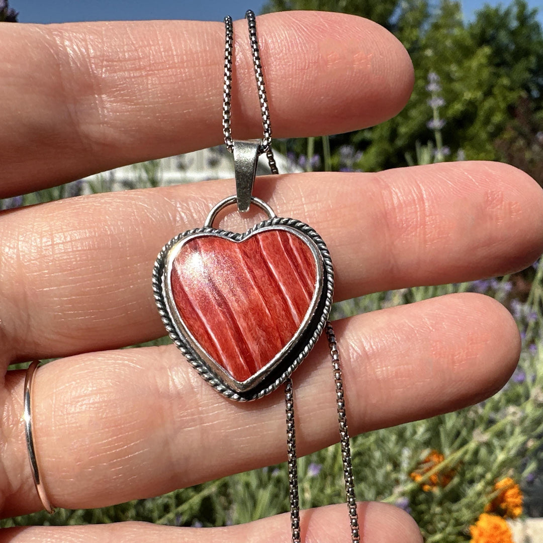 Red Spiny Oyster Heart and Sterling Silver Pendant - SunlightSilver