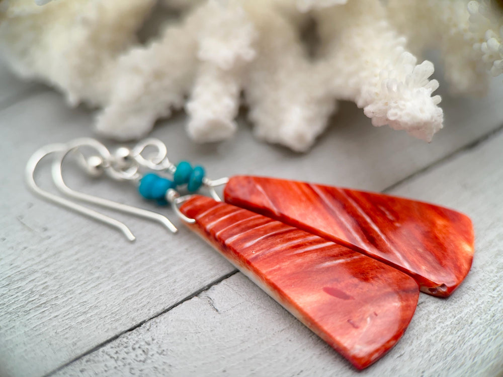 Red Spiny Oyster, Turquoise, and Solid 925 Sterling Silver Earrings - SunlightSilver