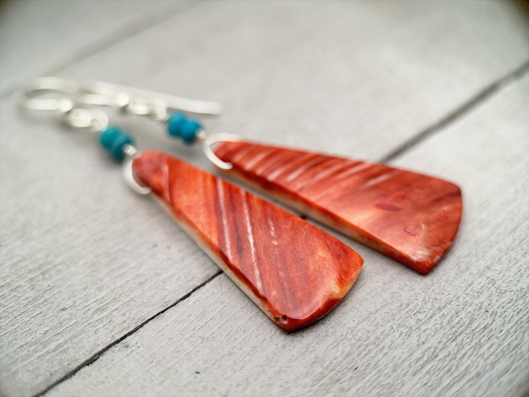 Red Spiny Oyster, Turquoise, and Solid 925 Sterling Silver Earrings - SunlightSilver