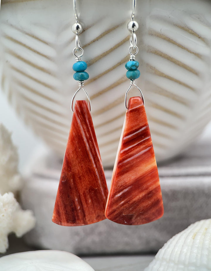 Red Spiny Oyster, Turquoise, and Solid 925 Sterling Silver Earrings - SunlightSilver