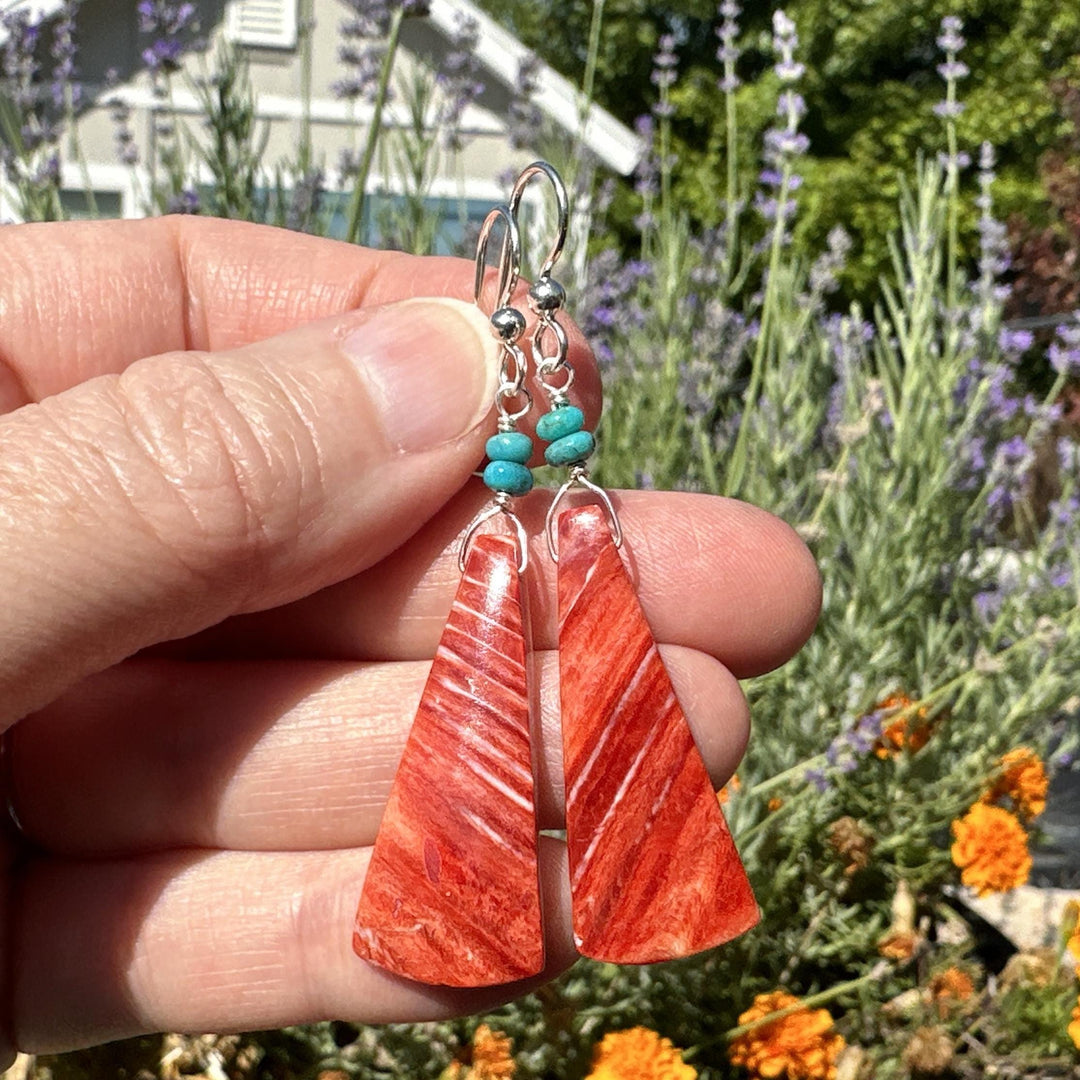 Red Spiny Oyster, Turquoise, and Solid 925 Sterling Silver Earrings - SunlightSilver