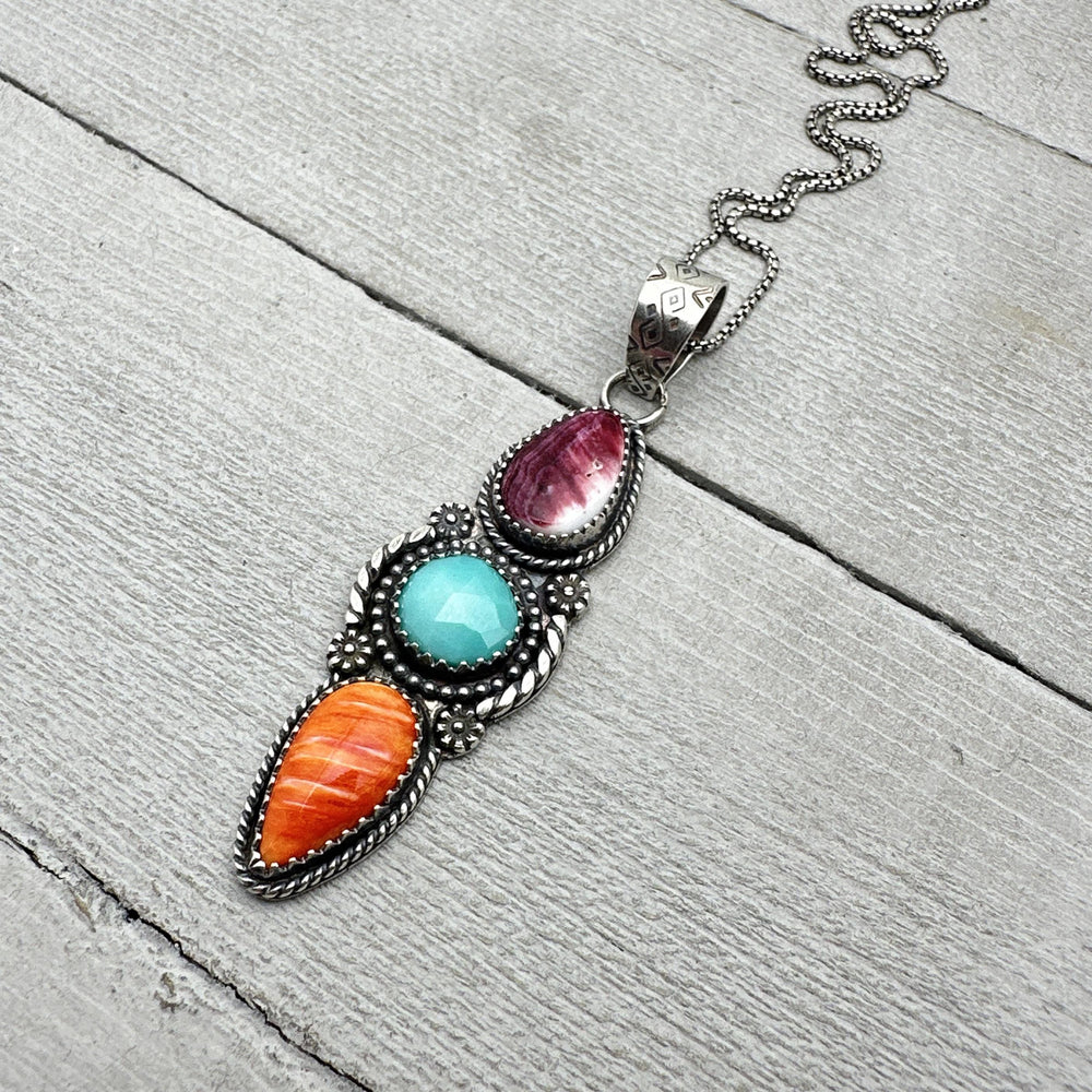 Orange and Purple Spiny Oyster, Kingman Turquoise, and Sterling Silver Totem Pendant - SunlightSilver