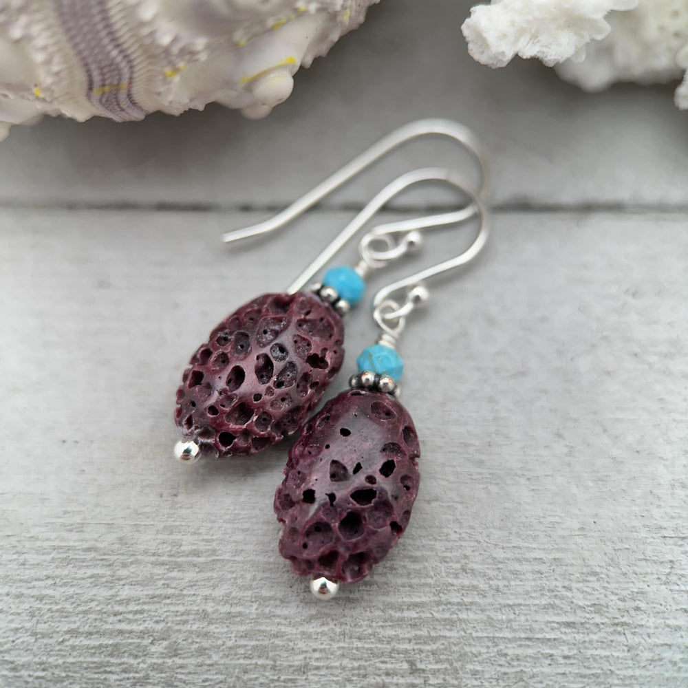 Purple Spiny Oyster Shell, Turquoise, and Sterling Silver Earrings - SunlightSilver