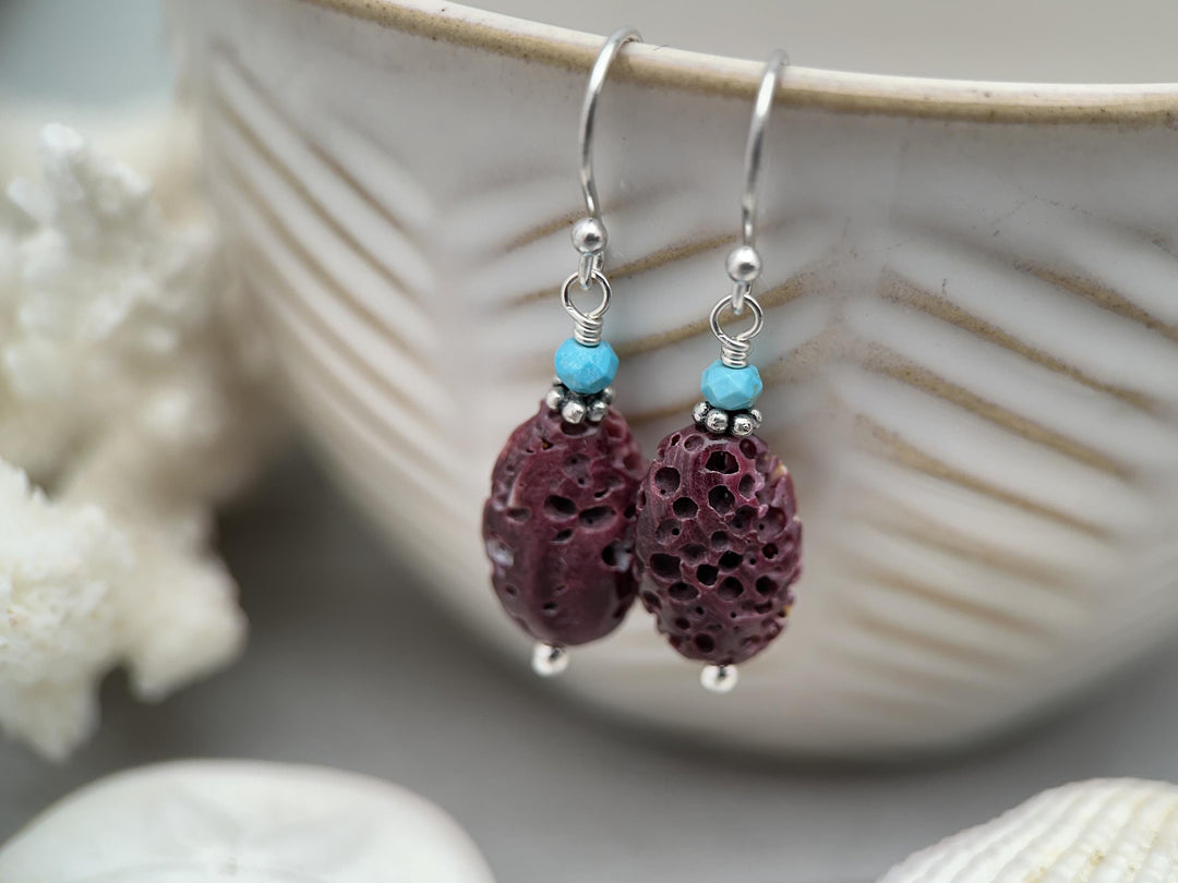 Purple Spiny Oyster Shell, Turquoise, and Sterling Silver Earrings - SunlightSilver