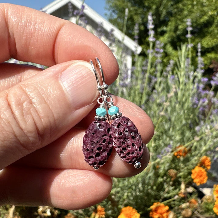 Purple Spiny Oyster Shell, Turquoise, and Sterling Silver Earrings - SunlightSilver