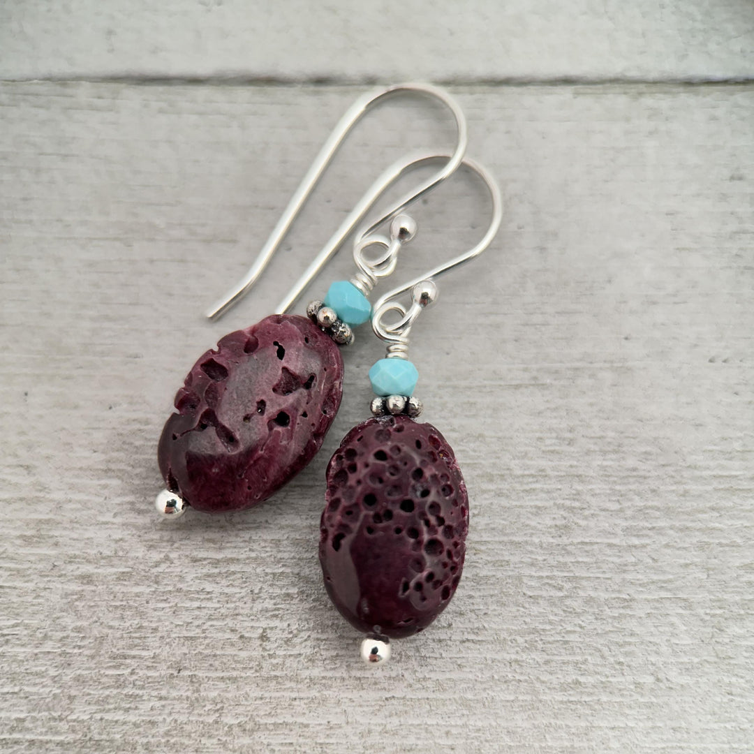 Purple Spiny Oyster Shell, Turquoise, and Sterling Silver Earrings - SunlightSilver