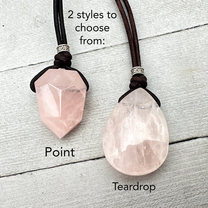 Light Pink Rose Quartz Pendant Leather Necklace - SunlightSilver