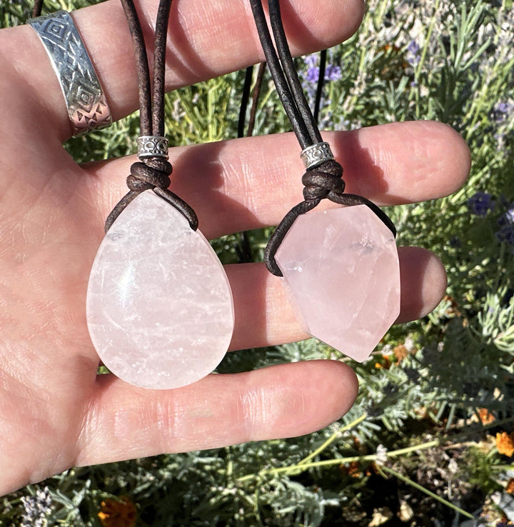 Light Pink Rose Quartz Pendant Leather Necklace - SunlightSilver