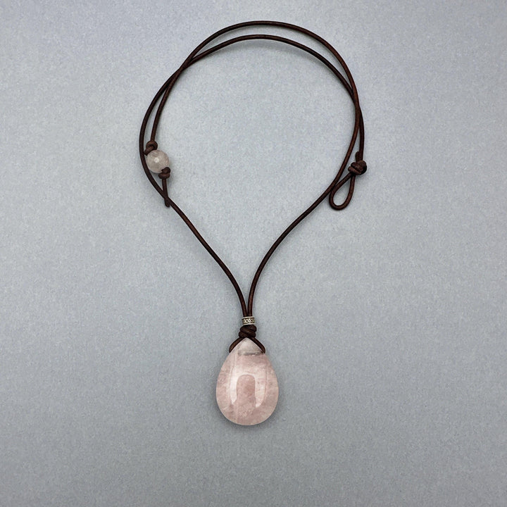 Light Pink Rose Quartz Pendant Leather Necklace - SunlightSilver