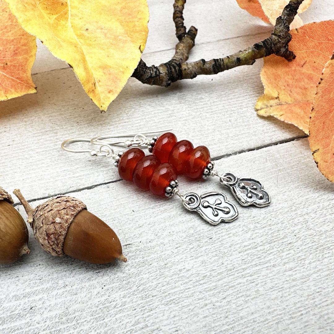 Red-Orange Carnelian and Sterling Silver Leaf Charm Earrings - SunlightSilver