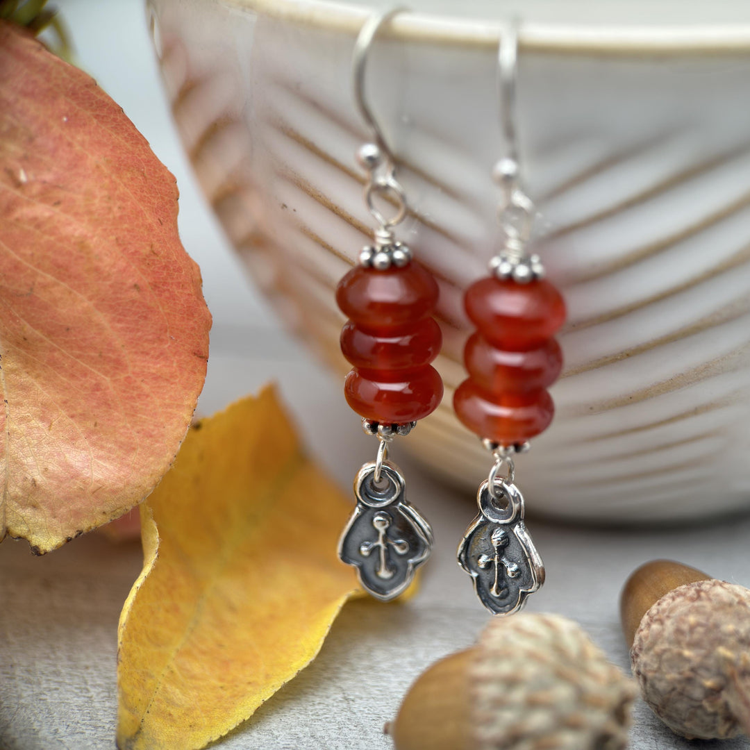 Red-Orange Carnelian and Sterling Silver Leaf Charm Earrings - SunlightSilver