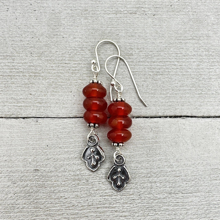 Red-Orange Carnelian and Sterling Silver Leaf Charm Earrings - SunlightSilver