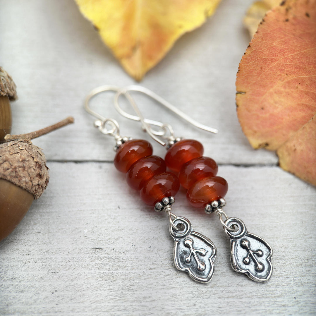 Red-Orange Carnelian and Sterling Silver Leaf Charm Earrings - SunlightSilver