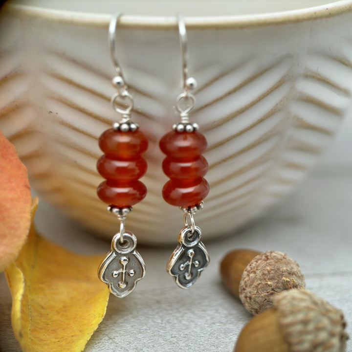 Red-Orange Carnelian and Sterling Silver Leaf Charm Earrings - SunlightSilver