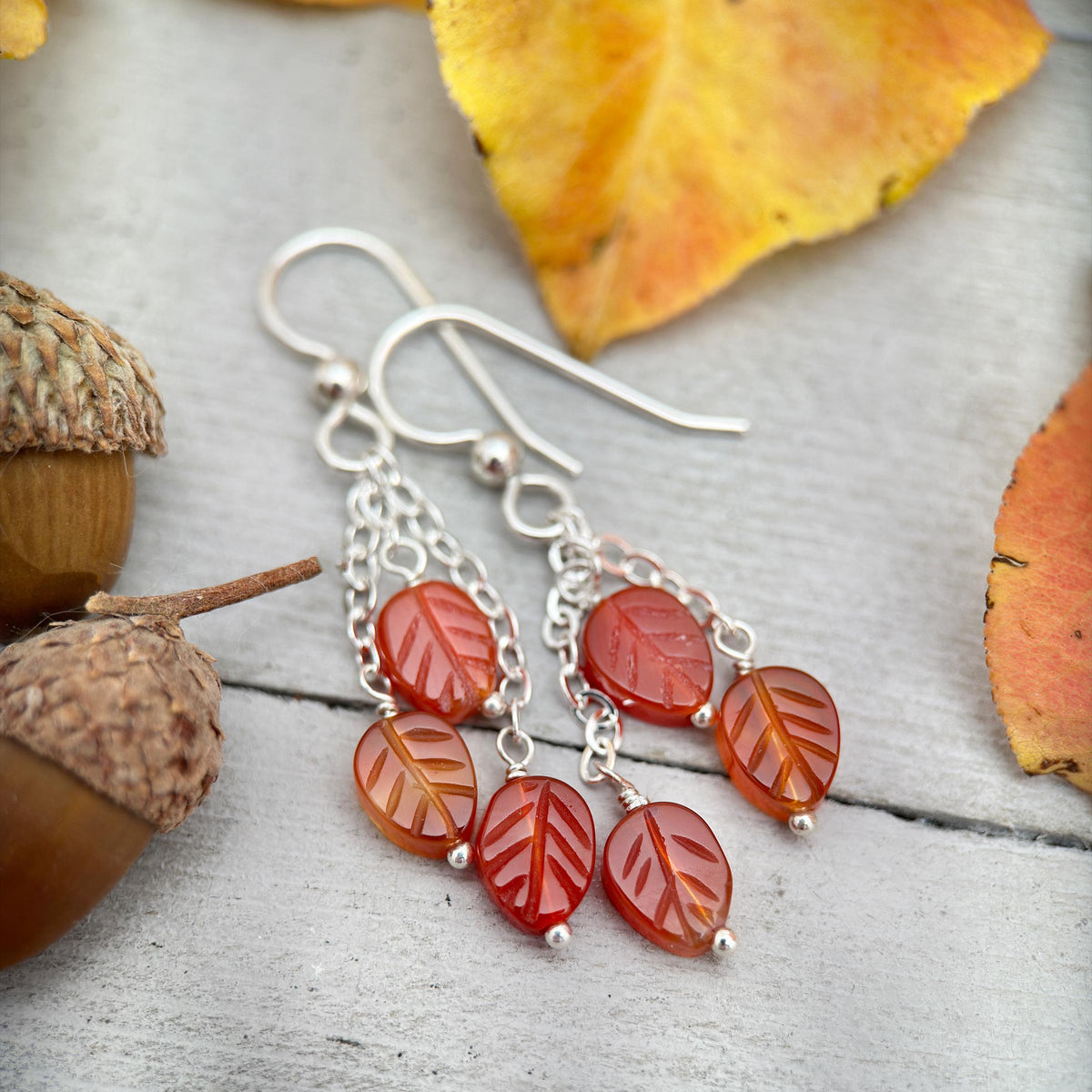 Orange Red Carnelian and Sterling Silver Earrings – Fall Leaves Earrings - Autumn Leaf Tassel Jewelry - SunlightSilver