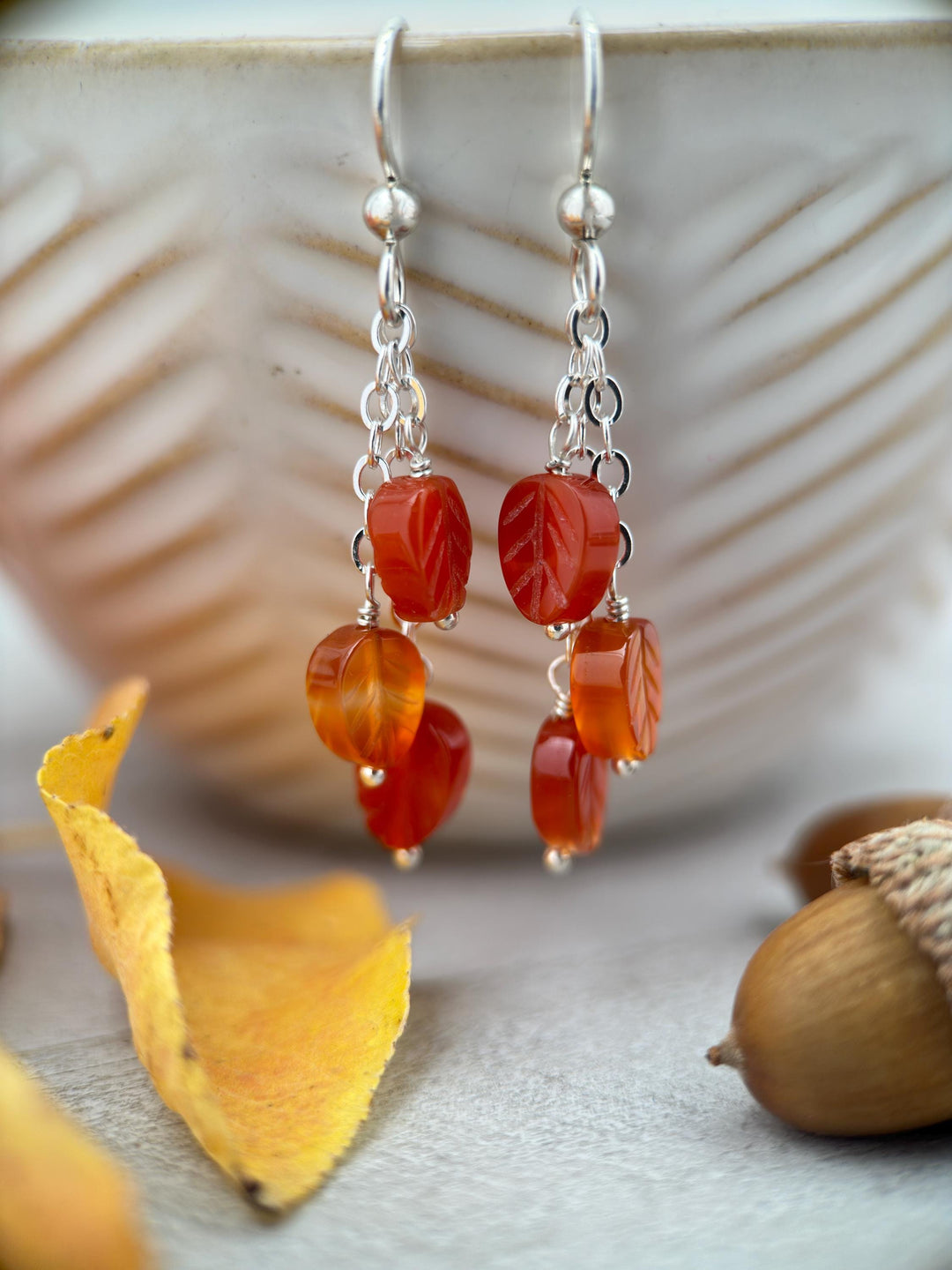 Carnelian Leaf and Sterling Silver Earrings - SunlightSilver