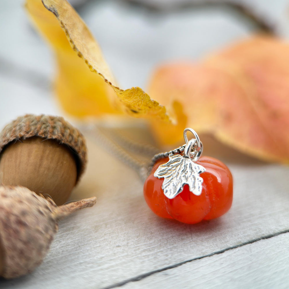 Gemstone Pumpkin Sterling Silver Necklace. Carnelian, Amethyst or Ghostly White Opal - SunlightSilver