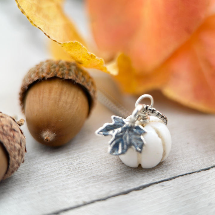 Gemstone Tiny Pumpkin and Sterling Silver Leaf Pendant - Carnelian, Amethyst, or White Opal - Fall Autumn Halloween Jewelry - SunlightSilver