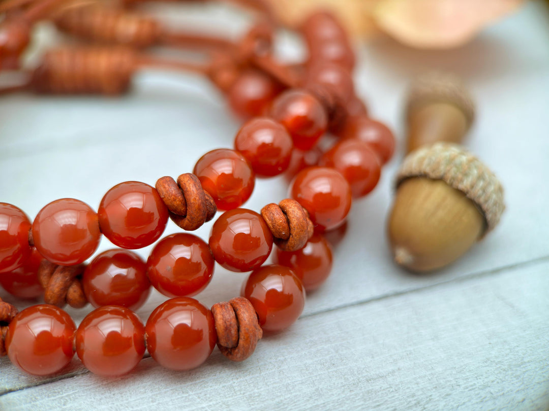 Orange Carnelian and Leather Stacking Bracelet - SunlightSilver