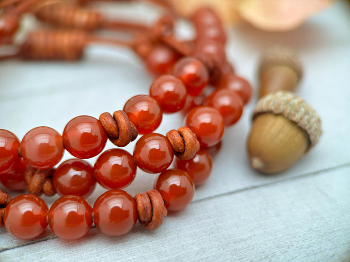 Orange Carnelian and Leather Stacking Bracelet - SunlightSilver