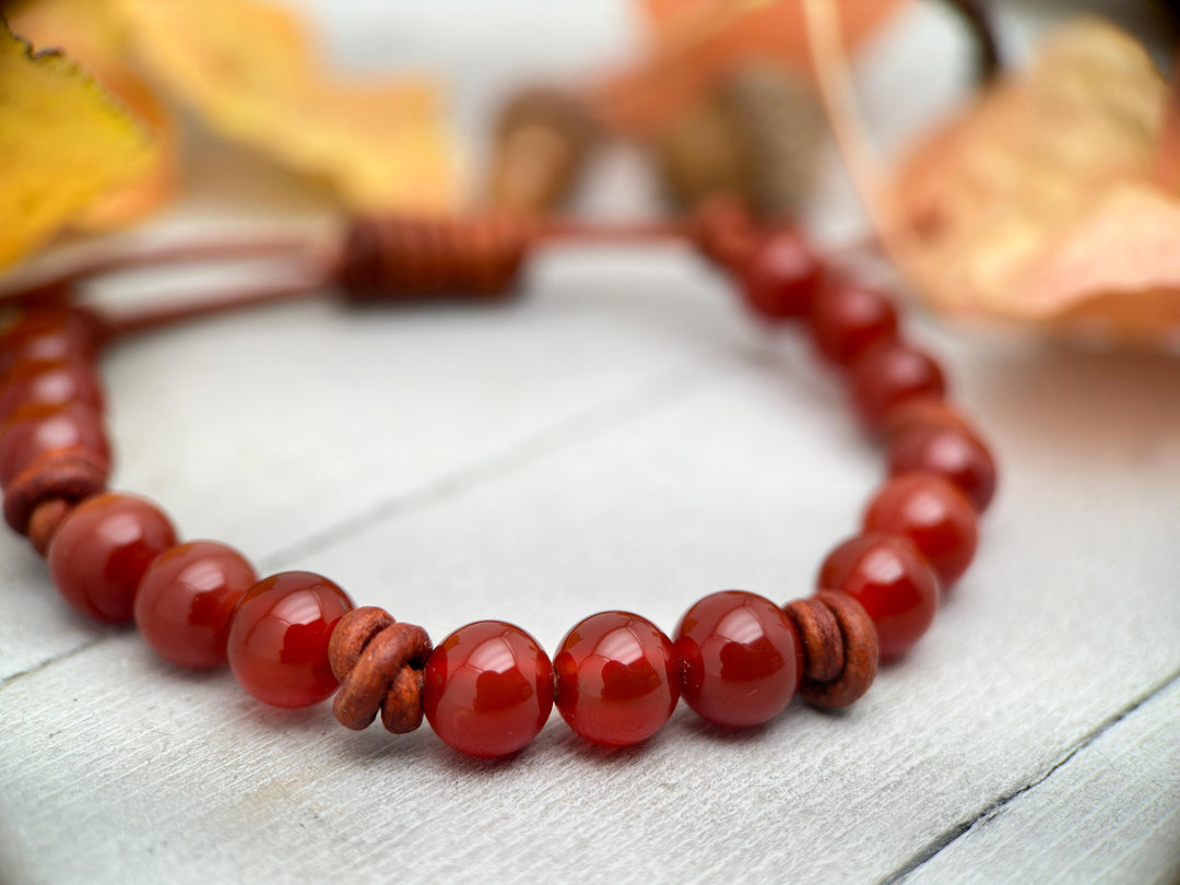 Orange Carnelian and Leather Stacking Bracelet - SunlightSilver