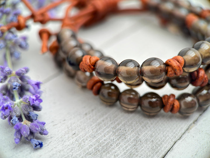 Smoky Quartz Gemstone and Rustic Brown Leather Bracelet - SunlightSilver