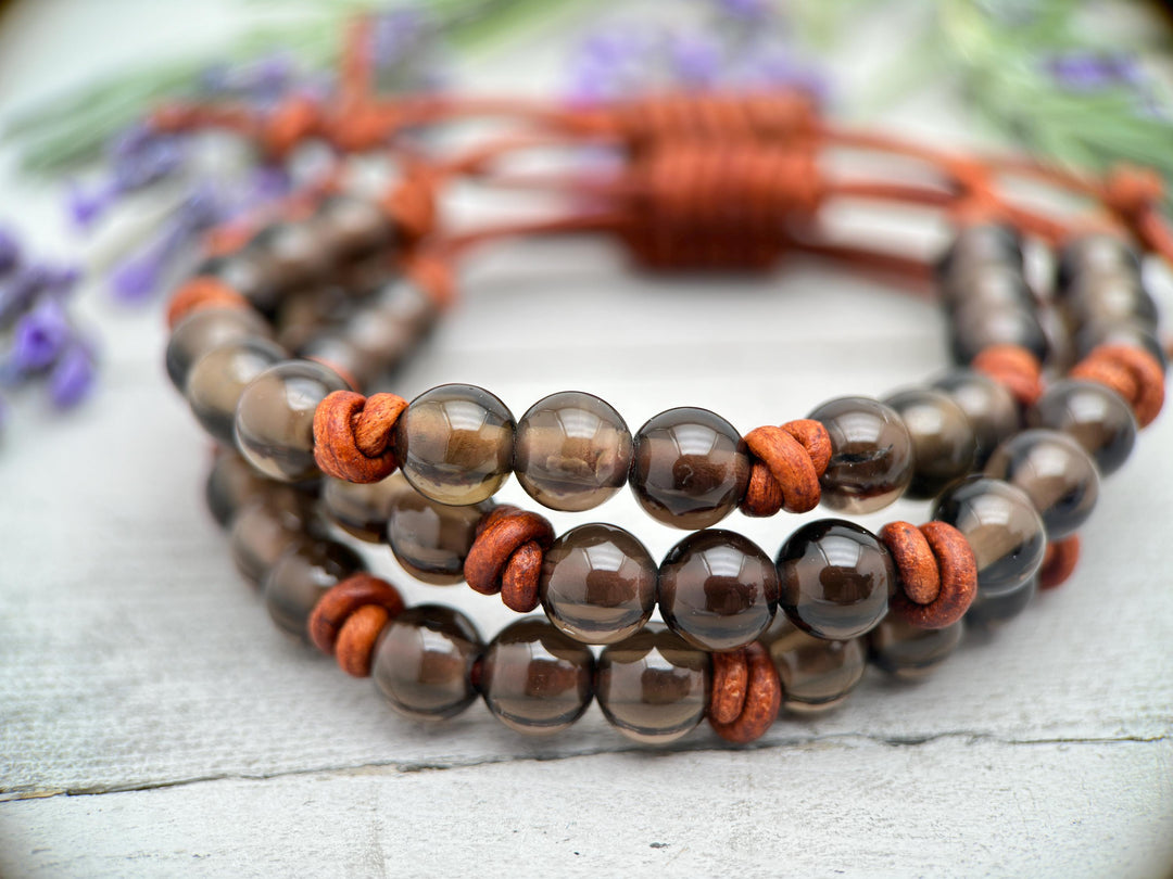 Smoky Quartz Gemstone and Rustic Brown Leather Bracelet - SunlightSilver