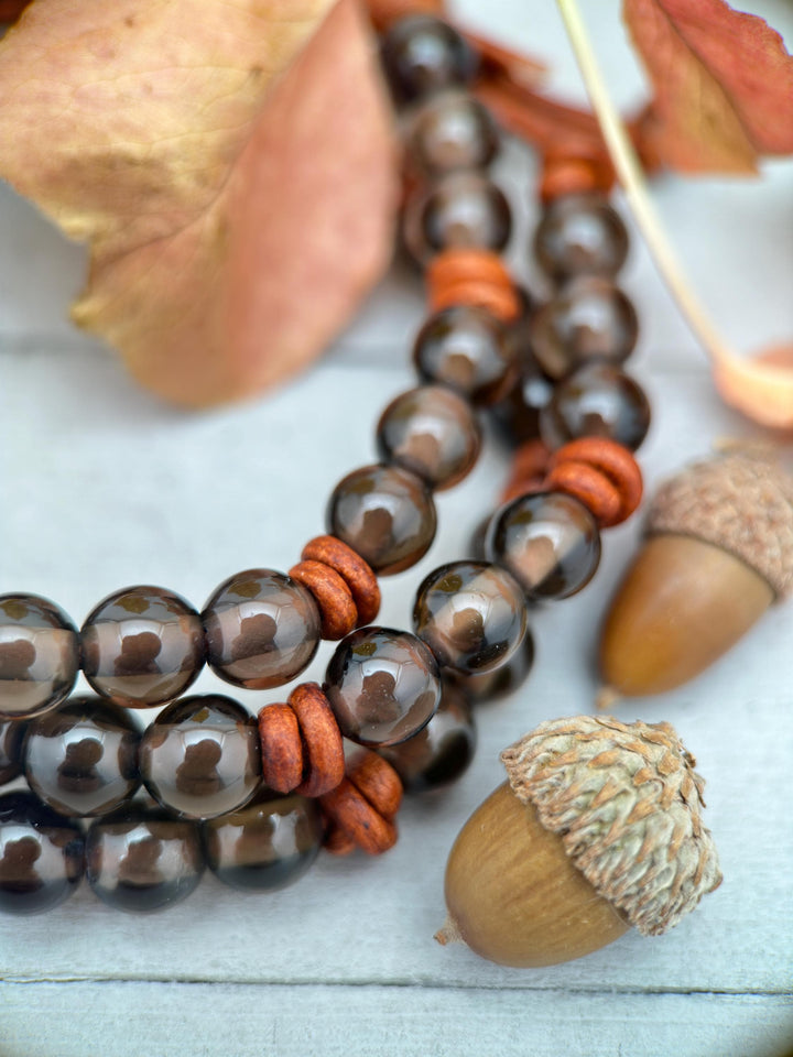 Smoky Quartz Gemstone and Rustic Brown Leather Bracelet - SunlightSilver