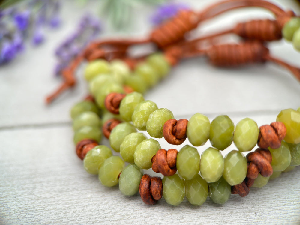 Natural Faceted Green Jade and Rustic Brown Leather Layering Bracelet - SunlightSilver