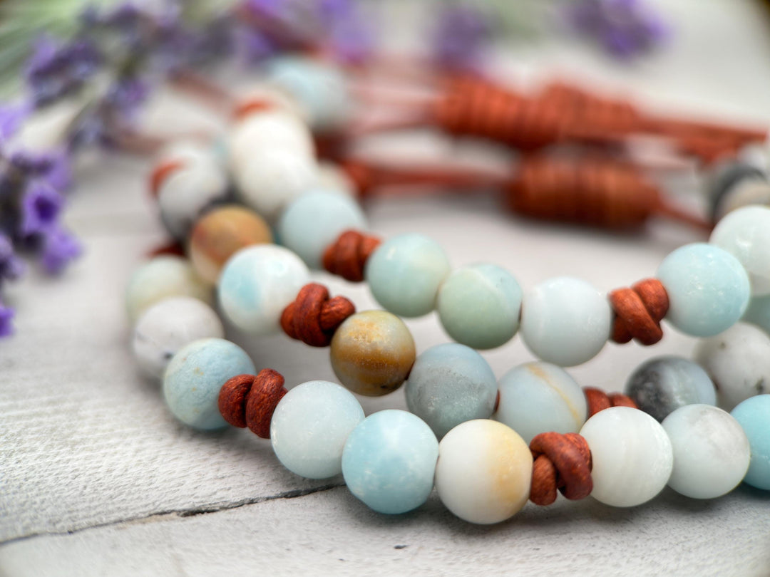 Multicolor Amazonite Gemstone and Rustic Brown Leather Bracelet - SunlightSilver