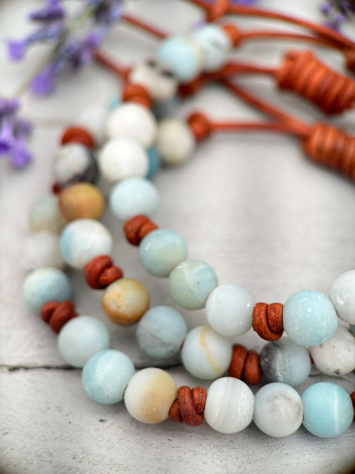 Multicolor Amazonite Gemstone and Rustic Brown Leather Bracelet - SunlightSilver