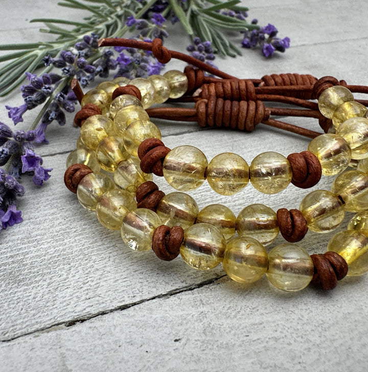 Citrine Crystal and Leather Gemstone Stacking Bracelet - SunlightSilver