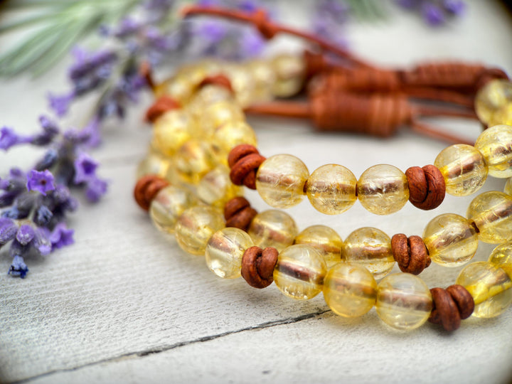 Citrine Crystal and Leather Gemstone Stacking Bracelet - SunlightSilver