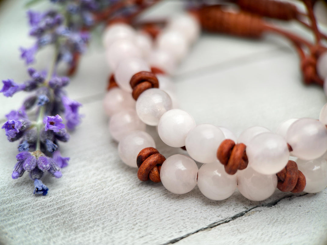 Rose Quartz Crystal and Leather Gemstone Stacking Bracelet - SunlightSilver