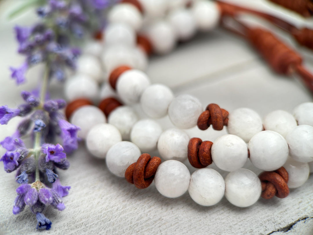 White Moonstone and Rustic Brown Leather Bracelet - SunlightSilver